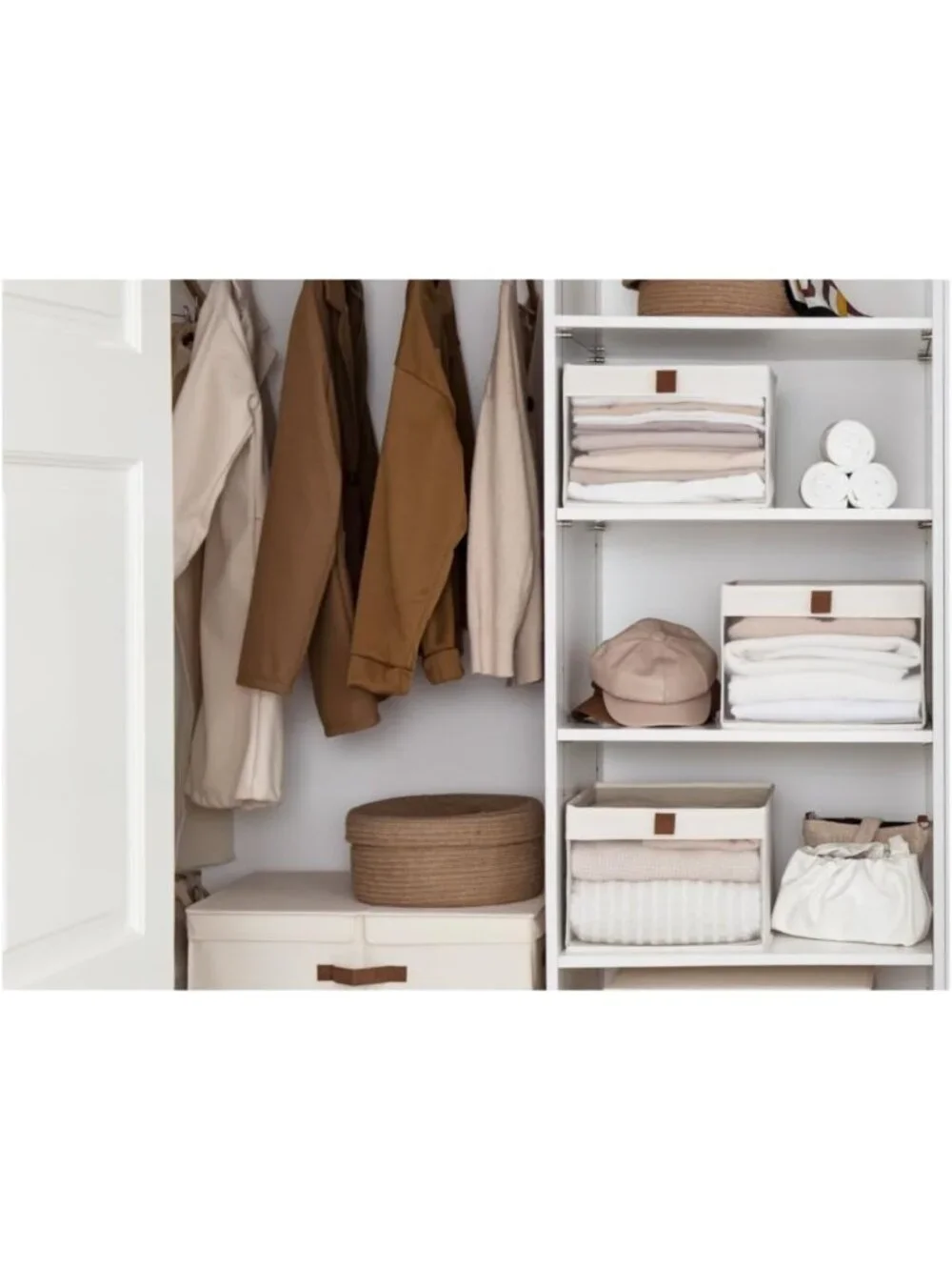 Large Foldable Storage Bins with Clear Window & Handles - 3 Pack Beige Fabric